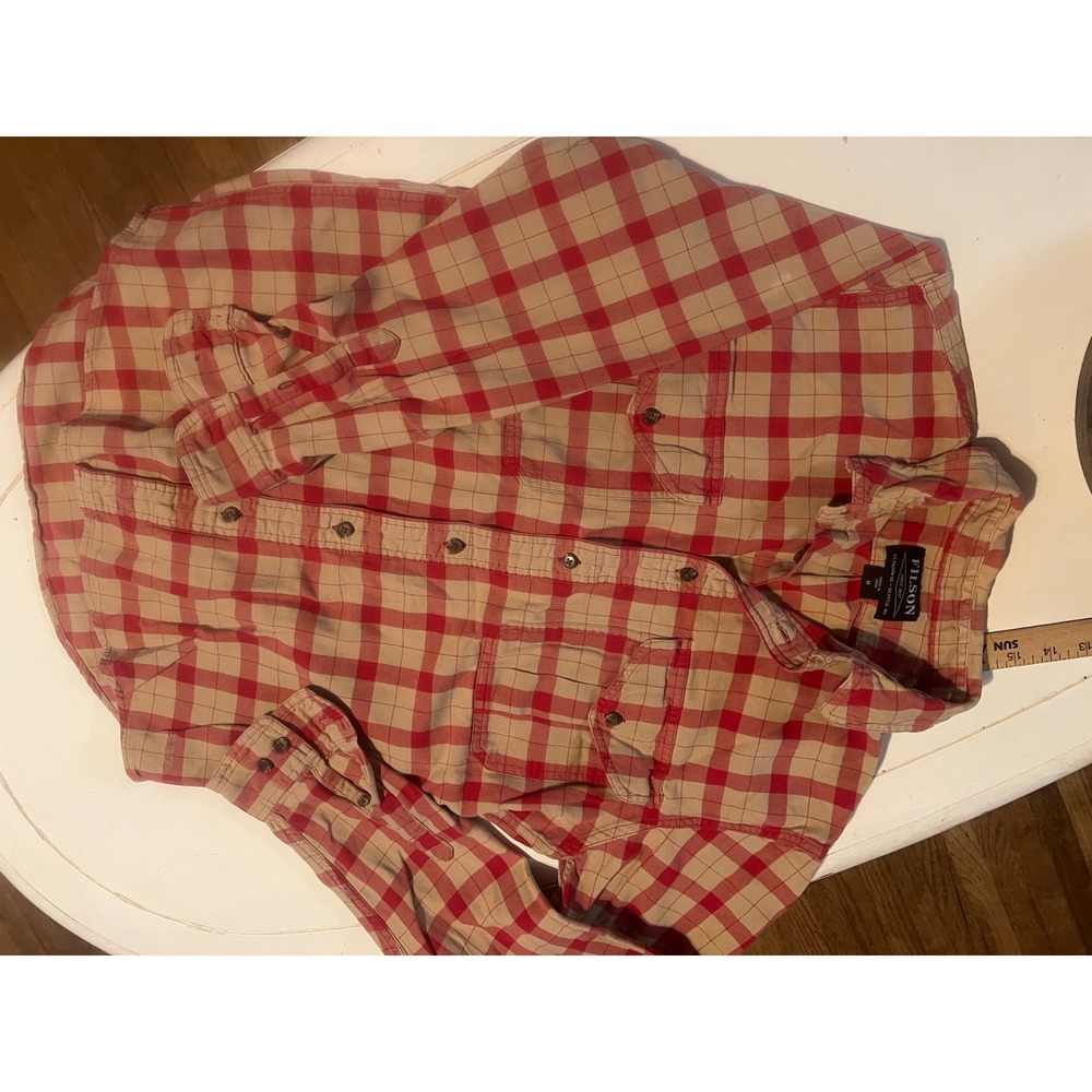 Filson Mens Red Tan Check Plaid Cotton Button Down Long Sleeve Shirt Size M